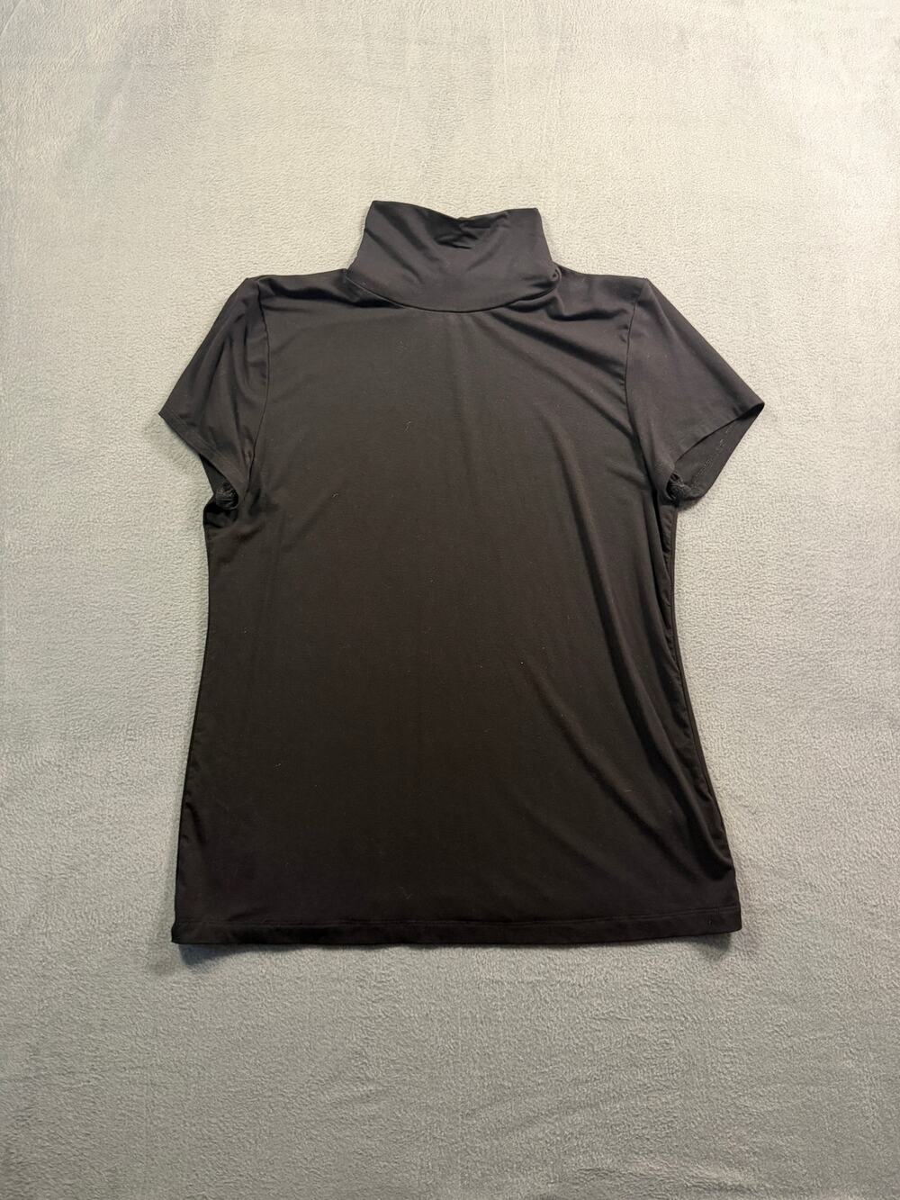 Premise Top Womens Medium Black Mock Neck Short Sleeve Stretch Knit Blouse Tee